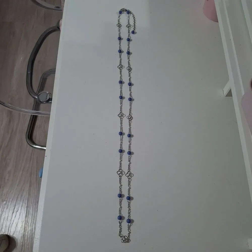 Blue Beaded White Rhinestone Flower Silver Tone Chain Long Strand Necklace